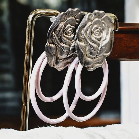 Vtg Pewter 3D Metal Rose Earrings Baby Pink Double Loops Romantic Roses Flower - Picture 5 of 11